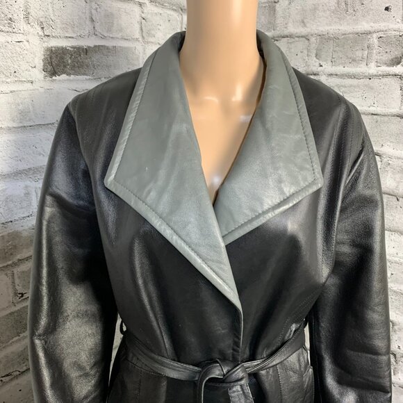 Vintage 70s Leather Maxi Trench Coat Small Black Belted Retro Long Overcoat - Picture 3 of 16